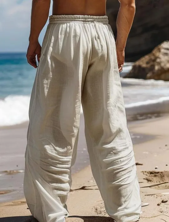 Hot OUKU Men's Octopus Linen Pants Pants Trousers Baggy Pants Mid Waist Vintage Outdoor Daily Wear Streetwear Side Pockets Elastic Drawstring Design Black White Blue
