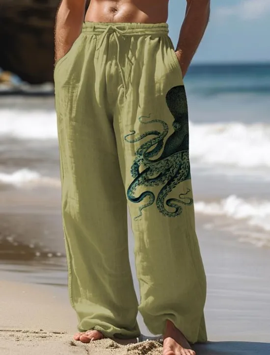 Hot OUKU Men's Octopus Linen Pants Pants Trousers Baggy Pants Mid Waist Vintage Outdoor Daily Wear Streetwear Side Pockets Elastic Drawstring Design Black White Blue