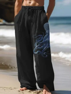 Hot OUKU Men's Octopus Linen Pants Pants Trousers Baggy Pants Mid Waist Vintage Outdoor Daily Wear Streetwear Side Pockets Elastic Drawstring Design Black White Blue