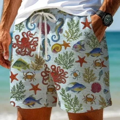 New OUKU Men's Octopus Shell Sea Creatures Waffle Shorts Sweat Shorts Casual Shorts Mid Waist Fashion Casual Vacation Jogging Workout Elastic Drawstring Waist Shorts with Pockets Designer Clothing Apparel