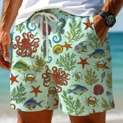 New OUKU Men's Octopus Shell Sea Creatures Waffle Shorts Sweat Shorts Casual Shorts Mid Waist Fashion Casual Vacation Jogging Workout Elastic Drawstring Waist Shorts with Pockets Designer Clothing Apparel