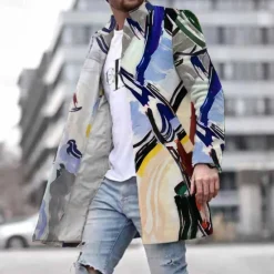 Discount OUKU Men's Oil Painting Winter Coat Overcoat Coat With Pockets Casual Daily Wear Vacation Going out Print Front Pocket Fall & Winter Turndown Long Sleeve Gray