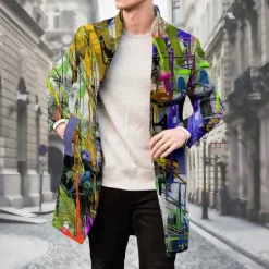 Clearance OUKU Men's Oil Painting Winter Coat Fleece Jacket Overcoat Thermal Comfortable Artistic Casual Party Daily Wear Buttons 3D Print Front Pocket Winter Turndown Long Sleeve Yellow Blue Purple