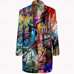 Clearance OUKU Men's Oil Painting Winter Coat Fleece Jacket Overcoat Thermal Comfortable Artistic Casual Party Daily Wear Buttons 3D Print Front Pocket Winter Turndown Long Sleeve Yellow Blue Purple