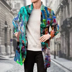 Clearance OUKU Men's Oil Painting Winter Coat Fleece Jacket Overcoat Thermal Comfortable Artistic Casual Party Daily Wear Buttons 3D Print Front Pocket Winter Turndown Long Sleeve Yellow Blue Purple