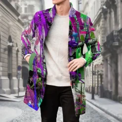 Clearance OUKU Men's Oil Painting Winter Coat Fleece Jacket Overcoat Thermal Comfortable Artistic Casual Party Daily Wear Buttons 3D Print Front Pocket Winter Turndown Long Sleeve Yellow Blue Purple