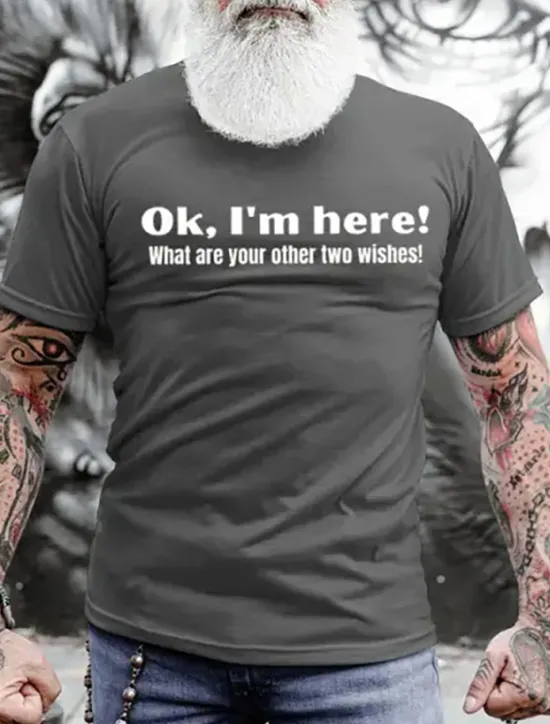 Sale OUKU Men's Ok, I'm Here! What Are Your Other Two Wishes T Shirt Graphic Tee 100% Cotton Short Sleeve Graphic Shirt Black Blue Army Green Tee Street Fashion Designer Clothing