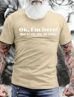 Sale OUKU Men's Ok, I'm Here! What Are Your Other Two Wishes T Shirt Graphic Tee 100% Cotton Short Sleeve Graphic Shirt Black Blue Army Green Tee Street Fashion Designer Clothing