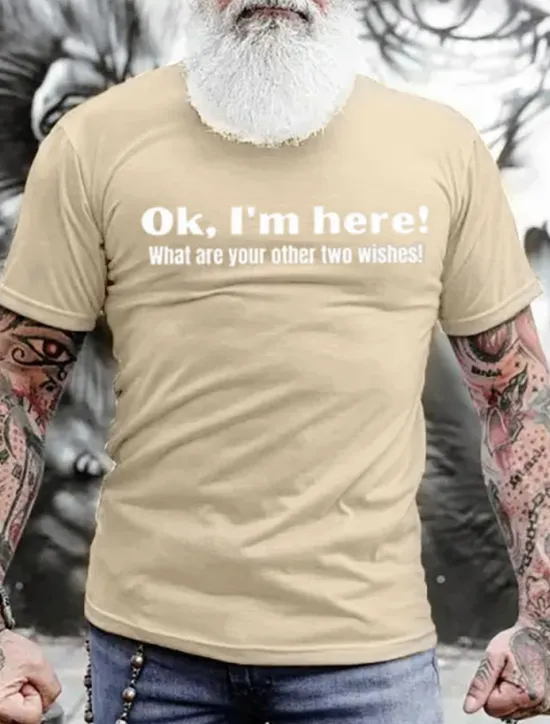 Sale OUKU Men's Ok, I'm Here! What Are Your Other Two Wishes T Shirt Graphic Tee 100% Cotton Short Sleeve Graphic Shirt Black Blue Army Green Tee Street Fashion Designer Clothing