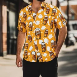 Clearance OUKU Men's Oktoberfest Beer Shirt Summer Shirt Button Up Shirt Short Sleeve Fashion Casual Outdoor Holiday Summer Spring Turndown 3D Print Collared Shirts Orange Khaki