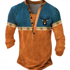 Online OUKU Men's Oktoberfest Deer Henley Shirt Long Sleeve 3D Printing Sports Fashion Daily Street Casual Daily Winter Spring & Fall Blue Brown Green Henley Henley T-Shirt