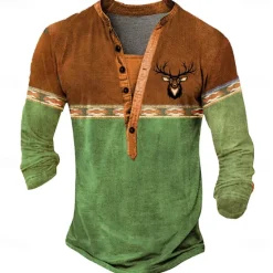 Online OUKU Men's Oktoberfest Deer Henley Shirt Long Sleeve 3D Printing Sports Fashion Daily Street Casual Daily Winter Spring & Fall Blue Brown Green Henley Henley T-Shirt