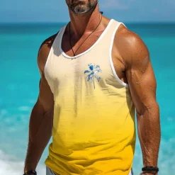 New OUKU Men's Ombre Coconut Tank Top Vest Top Undershirt Sleeveless T shirt 3D Print Crew Neck Shirt Fashion Designer Going out Gym Light Blue Yellow Summer Spring Clothing Apparel S M L XL XXL XXXL