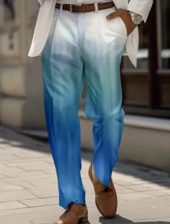 Sale OUKU Men's Ombre Dress Pants Mid Waist Business Casual Wedding Dailywear Pocket Straight Leg Trousers Summer Spring Fall 3D Print Blue Green