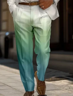Sale OUKU Men's Ombre Dress Pants Mid Waist Business Casual Wedding Dailywear Pocket Straight Leg Trousers Summer Spring Fall 3D Print Blue Green
