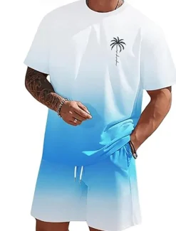 New OUKU Men's Ombre Palm Tree 2pcs Tees sets Summer Tops Short Sleeve Short Pants Crew Neck beach vacation Sport Daily Going out 3D Print Summer White Blue Green