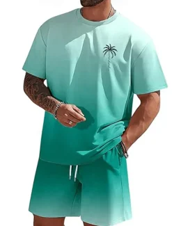 New OUKU Men's Ombre Palm Tree 2pcs Tees sets Summer Tops Short Sleeve Short Pants Crew Neck beach vacation Sport Daily Going out 3D Print Summer White Blue Green