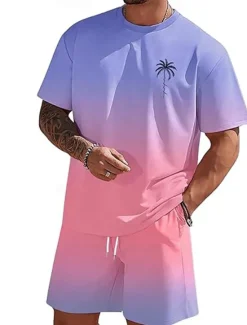 New OUKU Men's Ombre Palm Tree 2pcs Tees sets Summer Tops Short Sleeve Short Pants Crew Neck beach vacation Sport Daily Going out 3D Print Summer White Blue Green