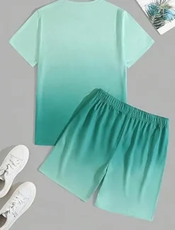 New OUKU Men's Ombre Palm Tree 2pcs Tees sets Summer Tops Short Sleeve Short Pants Crew Neck beach vacation Sport Daily Going out 3D Print Summer White Blue Green
