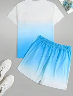 New OUKU Men's Ombre Palm Tree 2pcs Tees sets Summer Tops Short Sleeve Short Pants Crew Neck beach vacation Sport Daily Going out 3D Print Summer White Blue Green
