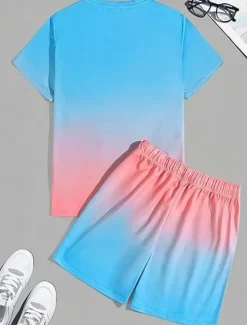 New OUKU Men's Ombre Palm Tree 2pcs Tees sets Summer Tops Short Sleeve Short Pants Crew Neck beach vacation Sport Daily Going out 3D Print Summer White Blue Green