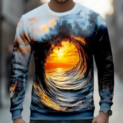 New OUKU Men's Optical Illusion 3D Sweatshirt Casual Long Sleeve Crew Neck Vacation Party Gift Blue Dark Blue Crewneck 3D All Seasons Designer