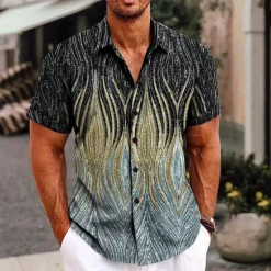 Discount OUKU Men's Optical Illusion Geometric Pattern Shirt Button Up Shirt Short Sleeve Fashion Streetwear Designer Outdoor Daily Summer Spring Turndown Print Silver Gold