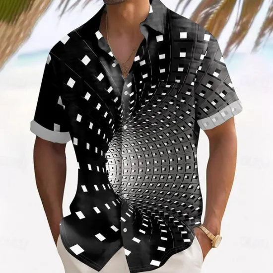 Sale OUKU Men's Optical Illusion Grid / Plaid Shirt Summer Shirt Button Up Shirt Short Sleeve Fashion Casual Outdoor Vacation Dailywear Summer Spring Turndown 3D Print Collared Shirts Front One Pocket Black