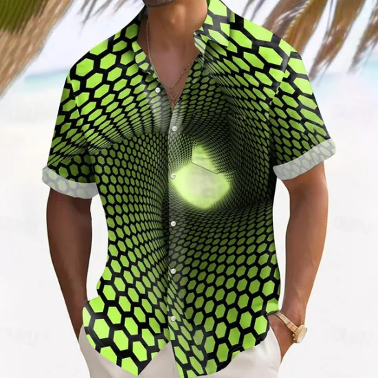 Sale OUKU Men's Optical Illusion Grid / Plaid Shirt Summer Shirt Button Up Shirt Short Sleeve Fashion Casual Outdoor Vacation Dailywear Summer Spring Turndown 3D Print Collared Shirts Front One Pocket Black