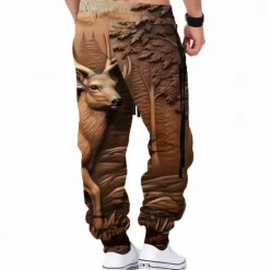 OUKU Men's Optical Illusion Hunting Deer Sweatpants Trousers Mid Waist Drawstring Elastic Waist Active Vintage Casual Outdoor Streetwear with Pockets Spring Fall 3D Print Brown Gray