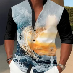 Outlet OUKU Men's Optical Illusion Ocean Sunset Shirt Summer Hawaiian Shirt Stand Collar Shirt Long Sleeve Hawaiian Vacation Casual Holiday Spring Fall Mandarin Collar Band Collar 3D Print Button Up Shirts Blue
