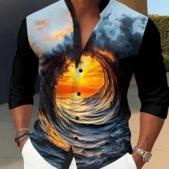 Outlet OUKU Men's Optical Illusion Ocean Sunset Shirt Summer Hawaiian Shirt Stand Collar Shirt Long Sleeve Hawaiian Vacation Casual Holiday Spring Fall Mandarin Collar Band Collar 3D Print Button Up Shirts Blue