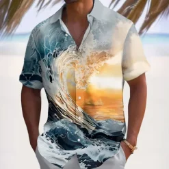 New OUKU Men's Optical Illusion Ocean Sunset Summer Hawaiian Shirt Button Up Shirt Aloha Shirt Short Sleeve Hawaiian Vacation Beach Wear Summer Spring Turndown 3D Print Collared Shirts Light Blue Black Blue