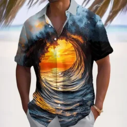 New OUKU Men's Optical Illusion Ocean Sunset Summer Hawaiian Shirt Button Up Shirt Aloha Shirt Short Sleeve Hawaiian Vacation Beach Wear Summer Spring Turndown 3D Print Collared Shirts Light Blue Black Blue