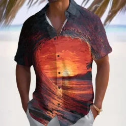 New OUKU Men's Optical Illusion Ocean Sunset Summer Hawaiian Shirt Button Up Shirt Aloha Shirt Short Sleeve Hawaiian Vacation Beach Wear Summer Spring Turndown 3D Print Collared Shirts Light Blue Black Blue