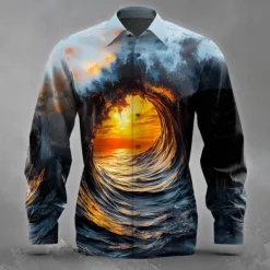 Clearance OUKU Men's Optical Illusion Ocean Sunset Shirt Button Up Shirt Long Sleeve Fashion Casual Holiday Streetwear Summer Spring Turndown 3D Print Collared Shirts Blue 1# Blue