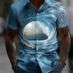 OUKU Men's Optical Illusion Ocean Waves Summer Hawaiian Shirt Button Up Shirt Aloha Shirt Short Sleeve Hawaiian Vacation Beach Wear Summer Spring Turndown 3D Print Collared Shirts Blue 2# Blue 1# Blue