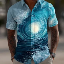 OUKU Men's Optical Illusion Ocean Waves Summer Hawaiian Shirt Button Up Shirt Aloha Shirt Short Sleeve Hawaiian Vacation Beach Wear Summer Spring Turndown 3D Print Collared Shirts Blue 2# Blue 1# Blue