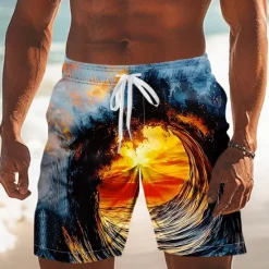 Online OUKU Men's Optical Illusion Ocean Sunset Swim Trunks Swim Shorts Board Shorts Mid Waist Streetwear Hawaiian Vacation Side Pockets Mesh Lining Elastic Drawstring Waist Designer Clothing Apparel