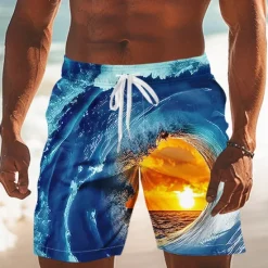 Online OUKU Men's Optical Illusion Ocean Sunset Swim Trunks Swim Shorts Board Shorts Mid Waist Streetwear Hawaiian Vacation Side Pockets Mesh Lining Elastic Drawstring Waist Designer Clothing Apparel