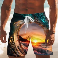 Online OUKU Men's Optical Illusion Ocean Sunset Swim Trunks Swim Shorts Board Shorts Mid Waist Streetwear Hawaiian Vacation Side Pockets Mesh Lining Elastic Drawstring Waist Designer Clothing Apparel
