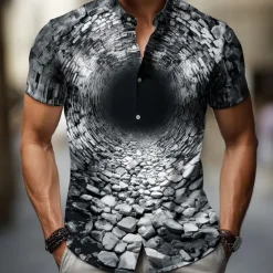 Online OUKU Men's Optical Illusion Rock Tunnel Shirt Summer Shirt Button Up Shirt Short Sleeve Fashion Casual Outdoor Daily Streetwear Summer Spring Turndown 3D Print Collared Shirts Black 1 Black