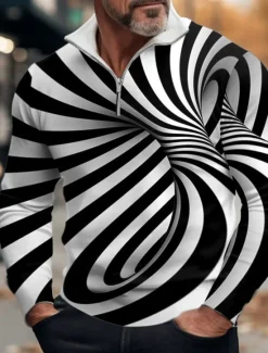 Clearance OUKU Men's Optical Illusion Zip Polo Long Sleeve Polo Shirts Zip Abstract Outdoor Casual Daily Streetwear 3D Print Spring White Wine Blue