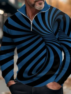 Clearance OUKU Men's Optical Illusion Zip Polo Long Sleeve Polo Shirts Zip Abstract Outdoor Casual Daily Streetwear 3D Print Spring White Wine Blue