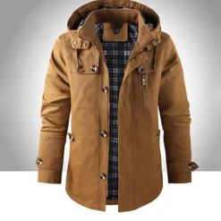 Discount OUKU Men's Outdoor Daily Wear Warm Button Pocket Fall Winter Plain Fashion Streetwear Hooded Regular Black Brown Beige Jacket
