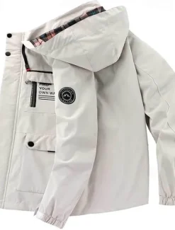 Online OUKU Men's Outdoor Jacket Winter Jacket Raincoat Sport Jacket Pocket Hooded Outdoor Mountain Bike Camping & Hiking Waterproof Windproof Spring Fall Letter Black White Red Army Green Puffer Jacket
