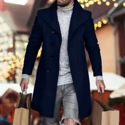 Clearance OUKU Men's Overcoat Trench Coat Long Trench Coat Daily Vacation Fall & Winter Polyester Windproof Soft Outerwear Clothing Apparel Fashion Classic Plain Pocket Lapel Single Breasted