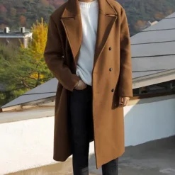 Discount OUKU Men's Overcoat Trench Coat Long Trench Coat Vacation Daily Fall & Winter Polyester Thermal Warm Windproof Outerwear Clothing Apparel Fashion Classic Plain Pocket Lapel Double Breasted