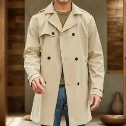 Clearance OUKU Men's Overcoat Trench Coat Long Trench Coat Daily Vacation Fall & Winter Polyester Windproof Soft Outerwear Clothing Apparel Fashion Classic Plain Pocket Lapel Double Breasted