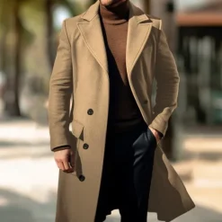 Clearance OUKU Men's Overcoat Trench Coat Long Trench Coat Daily Vacation Fall & Winter Polyester Windproof Soft Outerwear Clothing Apparel Fashion Classic Plain Pocket Lapel Double Breasted